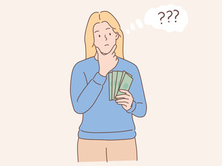 Woman holding cash and confused mind. Young woman dreaming about car travel home investment and saving money. Flat vector illustration isolated on white background