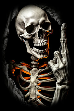 Skeleton giving middle finger. T Shirt, Poster design. Black background. Ai Generative