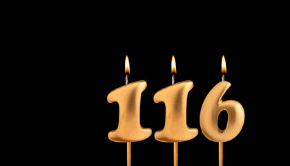 Golden candle 116 with flame - Birthday card on dark luxury background