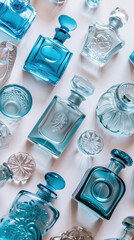 Blue perfume glass bottles on light background, top down view.