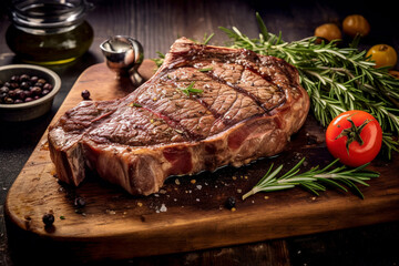A thick-cut T-bone steak is seasoned with sea salt on a wooden board. (Generative AI)