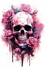 Fototapeta premium Skull and pink roses. Poster, T shirt, Tattoo design. White background. Ai Generative