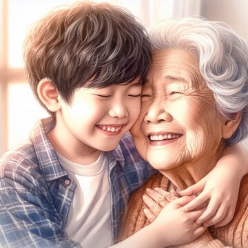 Oil painting and brush, grandmother and grandson are sitting hugging and smiling. Concept of love for relatives