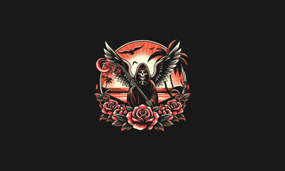 angel of death and rose flowers vector artwork design