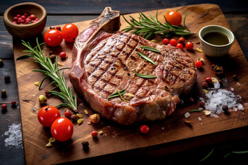 A thick-cut T-bone steak is seasoned. (Generative AI) - obrazy, fototapety, plakaty
