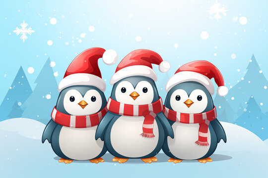 Penguins in Santa hats cartoon on a snowy landscape