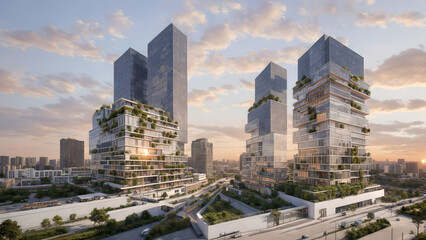 Fototapeta premium Modern metropolis, city skyline, urban buildings, green city at sunset