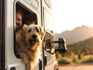 Portrait of smiling young man hugging her dog in the camper van - obrazy, fototapety, plakaty