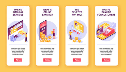 Isometric mobile and digital banking services vertical banner template set