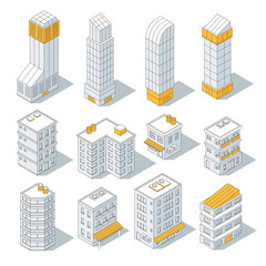 Isometric modern city buildings outline illustration collection