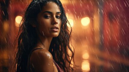 young woman getting wet in the rain - Powered by Adobe
