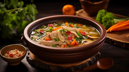 thukpa himalayan soupy noodles in bowl, asian food - obrazy, fototapety, plakaty