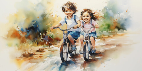 Girl and boy cycling painting by watercolor, joyful moment