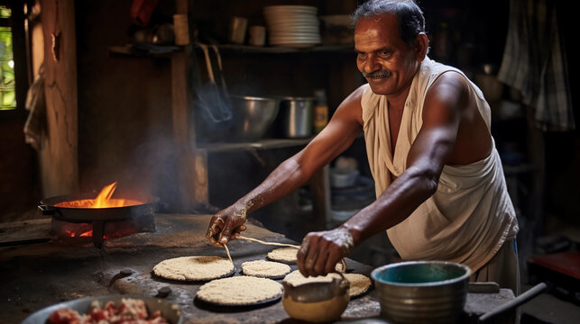 South indian person making dosa food at dhaba