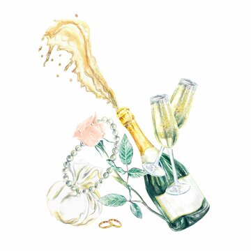 Champagne, bottle and glasses, splashes, rings, rose, watercolor, isolated on white background. Wedding invitations, covers, greeting cards, posters.