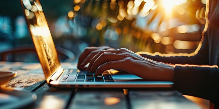 Closeup Of Businessman Hands Typing On Laptop Keyboard Showcasing Concept Of Online Communication Remote Work And Digital Lifestyle Of Modern Professional