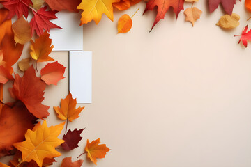 Autumn leaves and pumpkins on wooden background with space for text - Ai Generated
