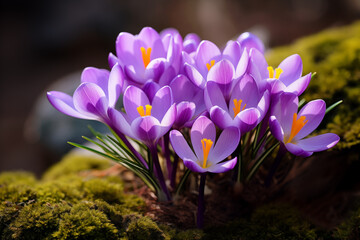 Vibrant wild purple crocuses as springtime flowers