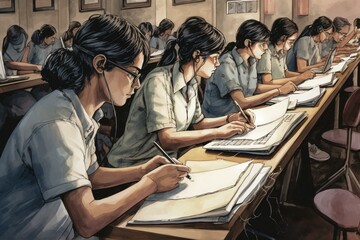 A watercolor painting of students using a laptop for schoolwork. Generative AI - obrazy, fototapety, plakaty
