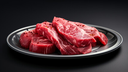 Raw red beef meat on a flat ceramic plate.