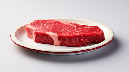 Raw red beef meat on a flat ceramic plate.