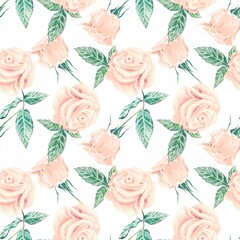 Pink roses seamless pattern, watercolor. isolated on white background. Wedding invitations, covers, wrapping paper, Valentine, wallpaper, textiles.