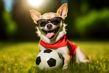 Humorous scene with a soccer-playing chihuahua outdoors
