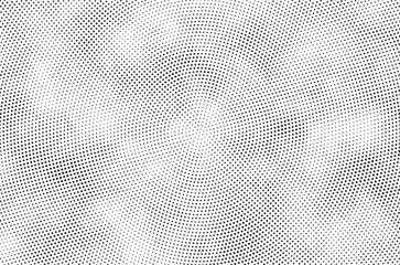 Radial halftone dots background. Spotted and dotted stains gradient background. Comic texture with fading effect. Black and white rough gritty wallpaper. Grunge monochrome geometric backdrop. 