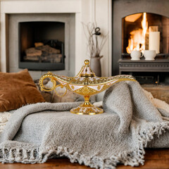 golden ancient magic lamp, fireplace in the room