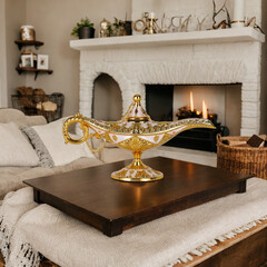 luxury hotel room with aladdin golden genie lamp