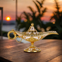 genie wishing lamp , golden aladdin lamp