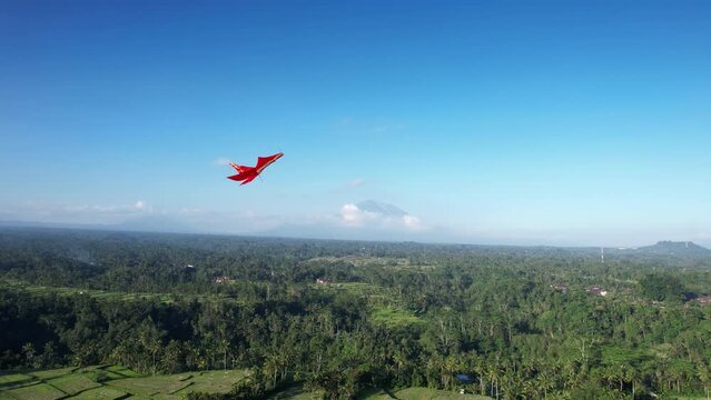 Red kite flying high over green landscape, aerial camera move closer. Traditional hobby of local people at rural areas of Bali. Bright colored kite in common shape resembling fish