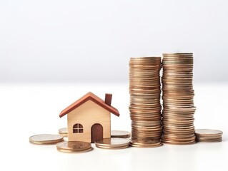 pile of coins and house model on the table. Financial safety and investment concept.