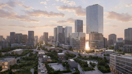 Modern metropolis, city skyline, urban buildings, green city at sunset