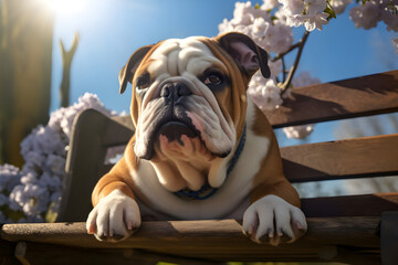 Cute Dog sitting on Bench with Flowers Around - Ai Generated