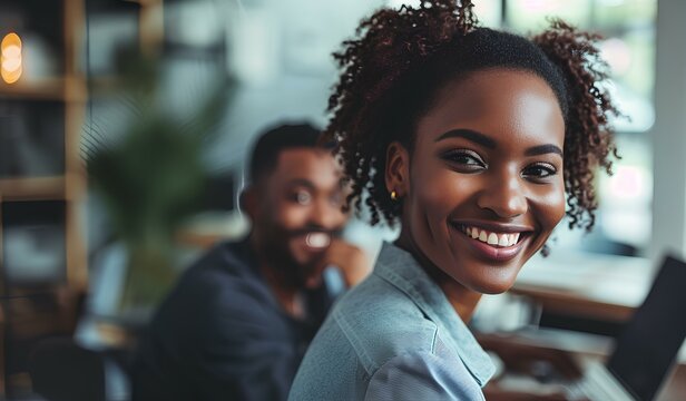 A Beautiful African American Business Woman With A Smile Working With Black Male Colleague In Office. Generative AI