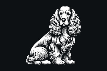 Cocker spaniel dog. Beautiful vintage engraving illustration, emblem, icon, logo. White lines on black background - obrazy, fototapety, plakaty