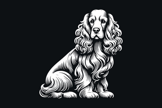 Cocker spaniel dog. Beautiful vintage engraving illustration, emblem, icon, logo. White lines on black background