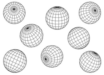 Globe Grid Spheres. Earth Latitude and Longitude Line Grid Vector Symbols Set. Spherical Grid Globe Shapes. Striped 3D Spheres, Geometry Globe Grid, black Illustration in various themes. 