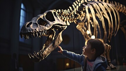 A little boy in a paleontology museum looks curiously at a large dinosaur skeleton. A child on a field trip examines the bones of a fossilized animal. - obrazy, fototapety, plakaty