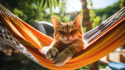 A lazy cat lies in a hammock on a summer day. A pet is having a vacation at a resort.