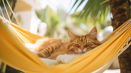 A lazy cat lies in a hammock on a summer day. A pet is having a vacation at a resort.