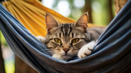 A lazy cat lies in a hammock on a summer day. A pet is having a vacation at a resort. - Powered by Adobe