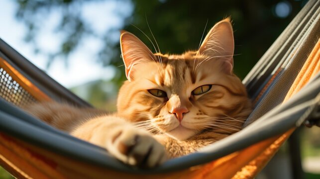 A lazy cat lies in a hammock on a summer day. A pet is having a vacation at a resort.