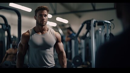 Man trainer, athlete standing in gym with lots of barbells and dumbbells close-up. Fitness center with strength training machines for weightlifting and bodybuilding.