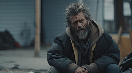 An elderly homeless man in old dirty clothes sits on the ground on a city street. An expression of longing and hopelessness on the beggar male's face.