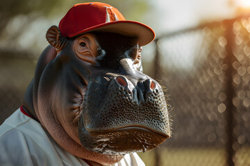A portrait of anthropomorphic hippopotamus wearing red baseball cap and baseball shirt
