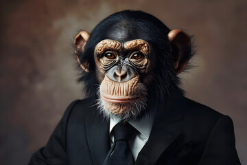A portrait of anthropomorphic monkey wearing classic suit