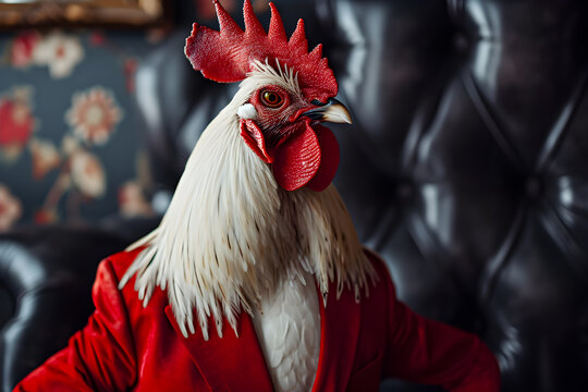 A portrait of anthropomorphic rooster wearing red suit