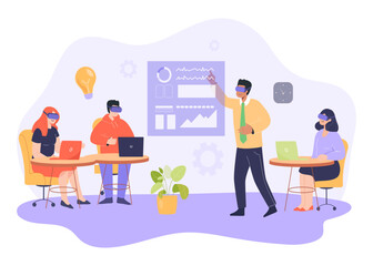 Teacher and students in VR glasses studying in virtual classroom. Vector illustration. Classroom with modern equipment. Online education, modern technology concept